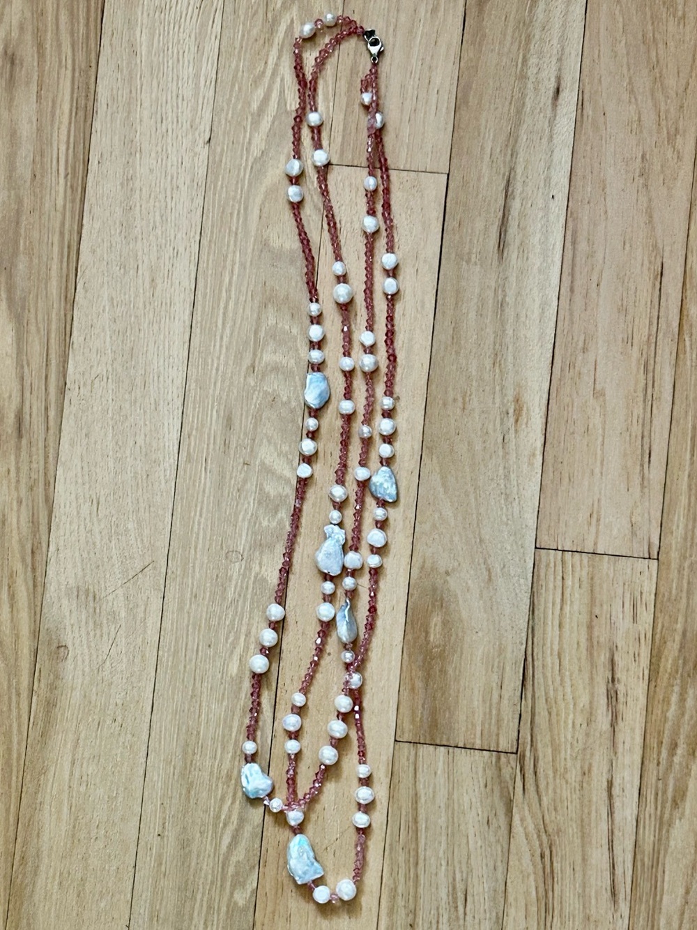 JTV Genusis Genuine Freshwater Pearl & Pink Bicone Crystal Double Strand Necklac